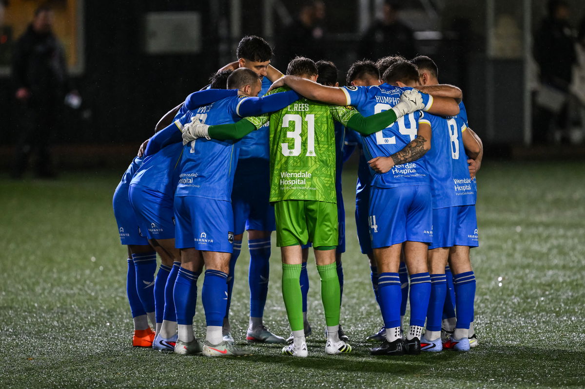 The Haverfordwest County players in their pre-match huddle